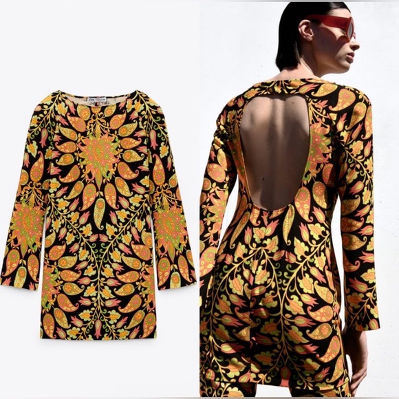 NWT! Zara size medium long sleeve printed mini boho dress multicolored pattern - Picture 11 of 15